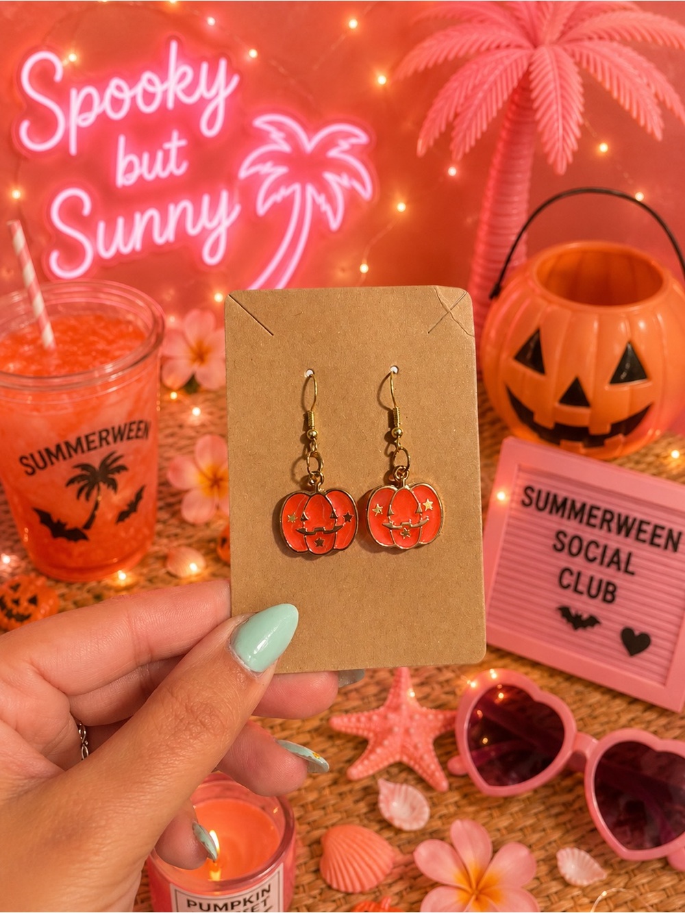 Summerween Pumpkin Enamel Dangle Earrings - Orange Halloween Charm